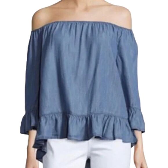 beachlunchlounge chambray off the shoulder ruffle top size XS - Picture 1 of 8